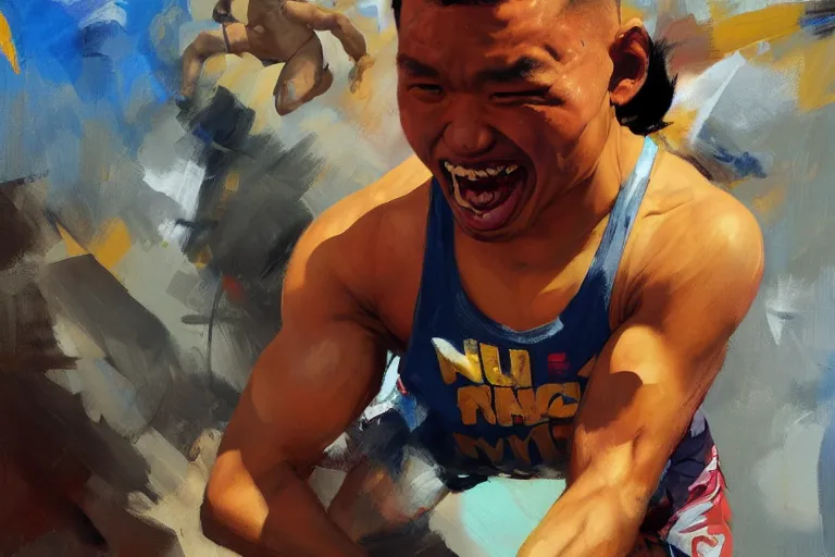 Image similar to greg manchess portrait of a filipino mma fighter uncontrolable laughter, profile picture, organic painting, sunny day, matte painting, bold shapes, hard edges, street art, trending on artstation, by huang guangjian, gil elvgren, ruan jia, randy vargas, greg rutkowski