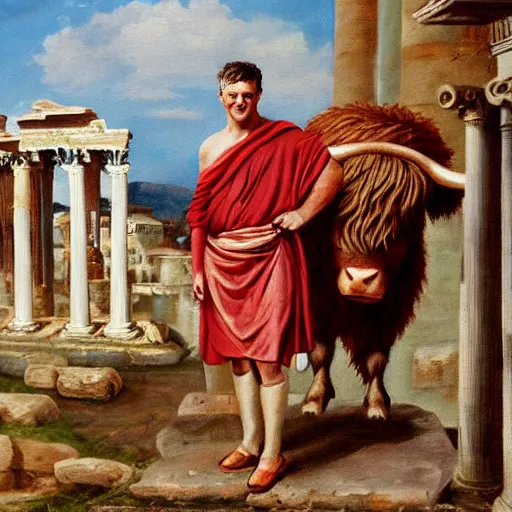 Image similar to idealized oil painting portrait of a man wearing a roman toga, posing with a highland cow, in the roman forum.