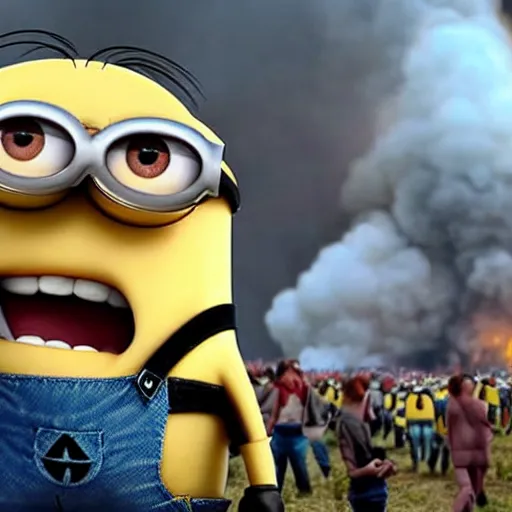 Image similar to minions characters at the hindenburg disaster.