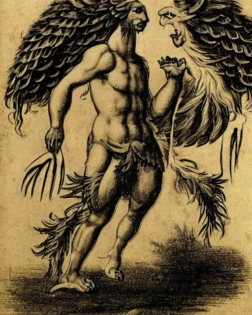 Image similar to human - eagle - lion - ox creature. drawn by da vinci