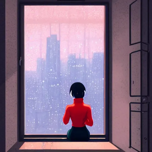 Prompt: a beautiful girl with dark hair, wearing a red turtleneck sweater, sitting in an apartment alone, looking out window at the city, night time, intricate, highly detailed, artstation, official media, anime key visual, mood lighting, sharp focus, art by Makoto Shinkai, Ilya Kuvshinov, Lois Van Baarle, and Rossdraws