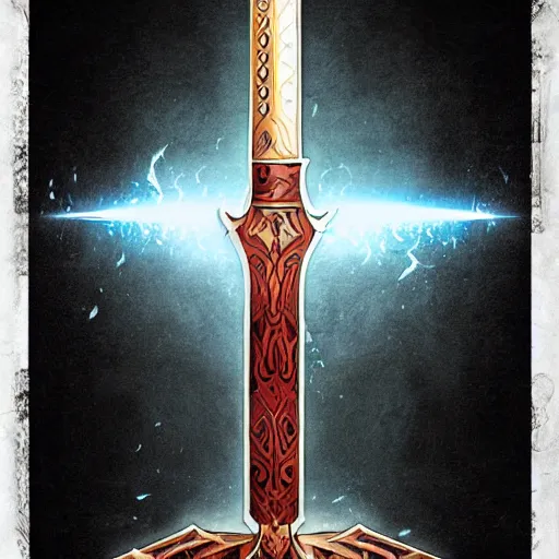 Prompt: a sword raised in the air, symmetrical, fantasy, concept art, poster, in the style of magic the gathering, powerful