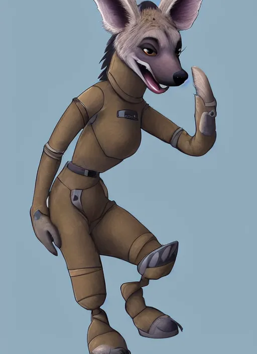 Image similar to digital detailed full body of anthromorphic female hyena, in style of zootopia, zootopia, zootopia, fursona, furry, furaffinity, 4 k, deviantart, furry art, fursona art, wearing astronaut outfit, in style of zootopia, hyena fursona, cyberpunk, female, detailed feminine face,