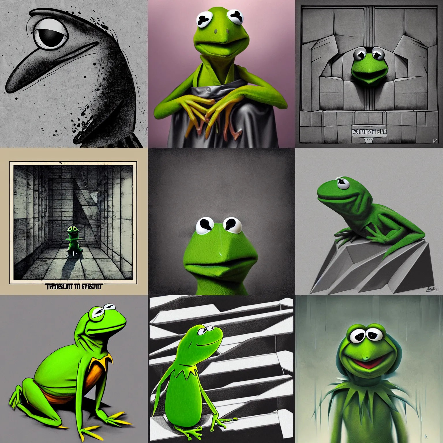 Prompt: portrait of kermit the frog, kamelot album cover, brutalism, trending on artstation