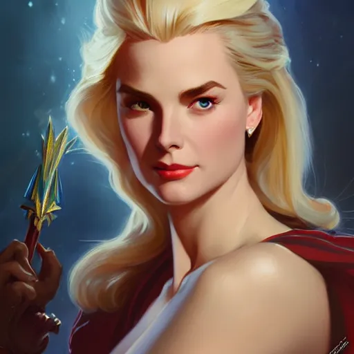 Image similar to Blonde Grace Kelly as She-Ra, western, D&D, fantasy, intricate, elegant, highly detailed, digital painting, artstation, concept art, matte, sharp focus, illustration, art by Artgerm and Greg Rutkowski and Alphonse Mucha