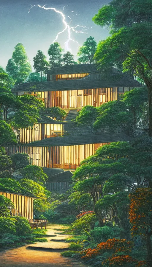 Image similar to a beautiful very detailed painting of nature home exterior by ludwig mies van der rohe, architecture island at dusk at night tron synthwave dramatic lightning rainforest forest landscape uv light meadow flowers thermal vision sunlight studio ghibli neon signs desert, archdaily, wallpaper, highly detailed, trending on artstation.