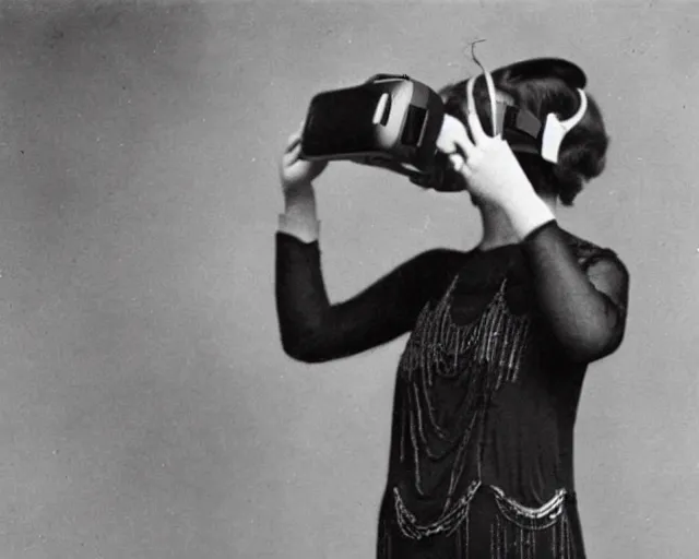 Image similar to 1 9 2 0 s photo of a flapper girl wearing a vr virtual reality headset