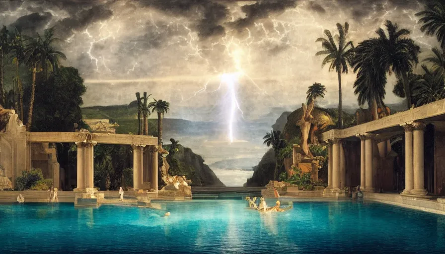 Image similar to A pool inside the giant Palace, mediterranean balustrade and columns, refracted lines and sparkles, thunderstorm, greek pool, beach and Tropical vegetation on the background major arcana sky and occult symbols, by paul delaroche, hyperrealistic 4k uhd, award-winning, very detailed paradise