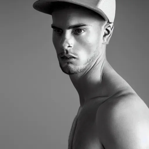 Prompt: male fashion model with a baseball head, professional photography, studio lighting