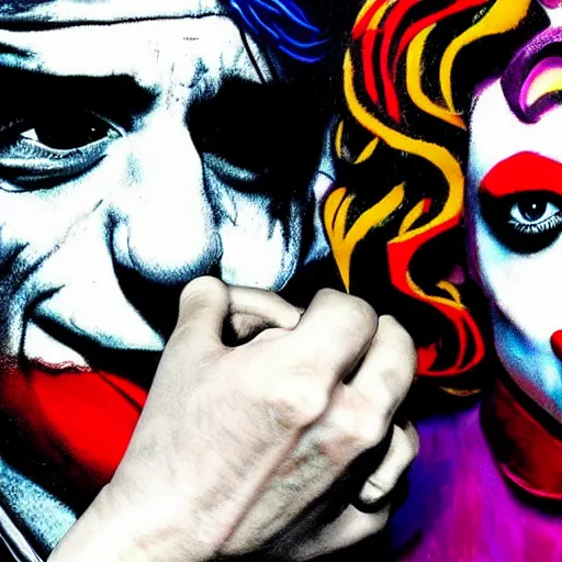Image similar to mimmo rottela and banksy as joaquin phoenix skinny joker holding hand lady gaga harley queen, photorealistic, intricate details, pop art style, concept art, details proportional, random object movement, 3 colors, 4 k, 4 d, ultra smooth, sharp focus