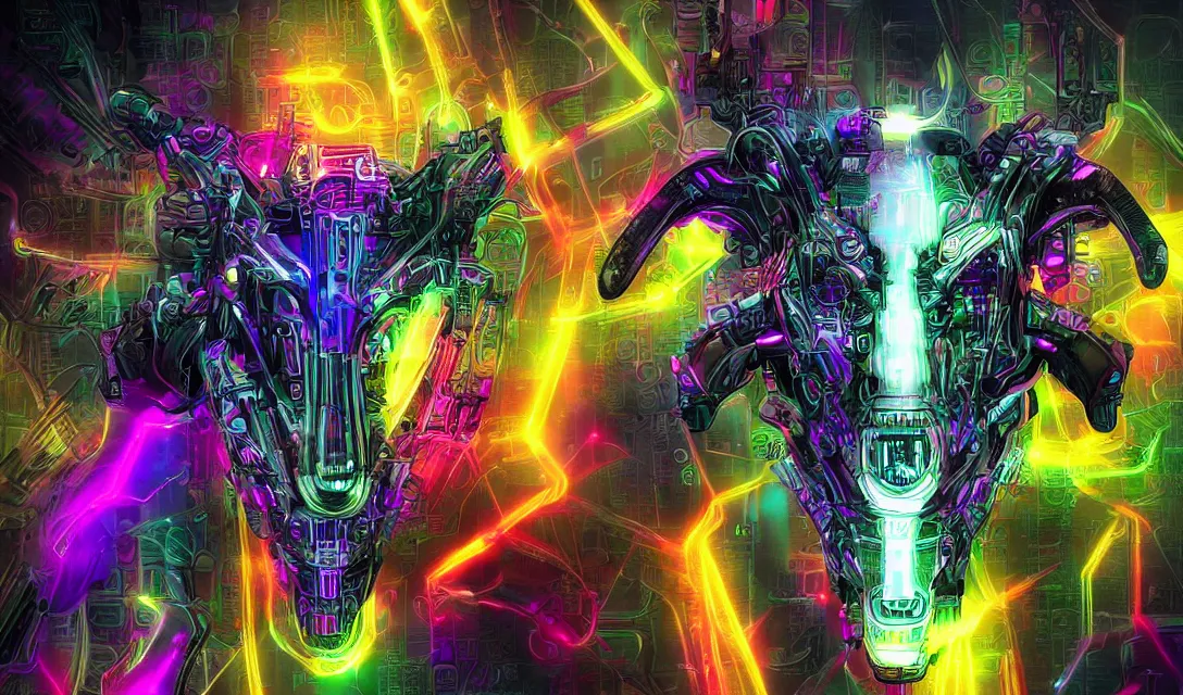 Image similar to complex cyberpunk machine background merged with evil cybernetic goat head centered!, multicolored digital art