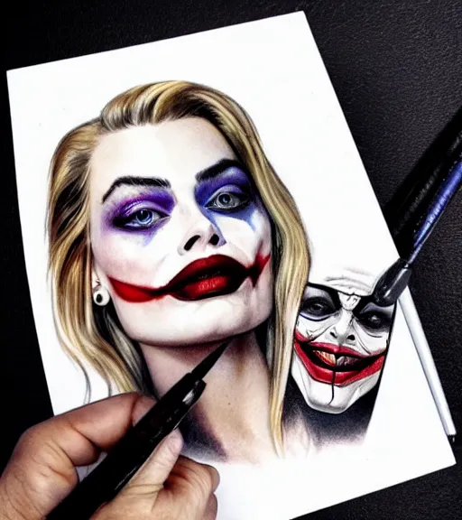 Image similar to tattoo design sketch of beautiful margot robbie portrait with joker makeup, holding an ace card, in the style of den yakovlev, realistic face, black and white, realism tattoo, hyper realistic, highly detailed