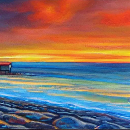 Image similar to sunset over a wooden cabin on the coast in the distance, sea, oil painting, very detailed, colorful