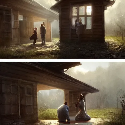 Prompt: a guy is leaving is home with luggage and sad angry mood, his wife is kissing another man under the porch of the house, highly detailed,, artstation hd, deviantart, by madgwick,, greg rutkowski, artgerm