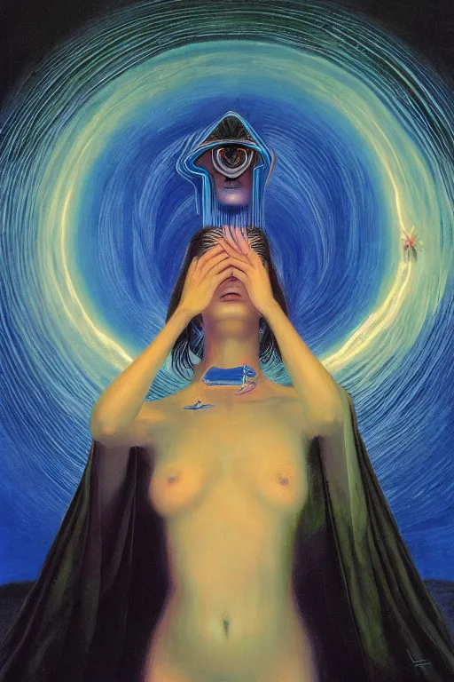 Image similar to gorgeous robed cult girl performing realism third eye ritual, dark theme night time, expanding energy into waves into the ethos, epic surrealism 8k oil painting, portrait, depth of field, perspective, high definition, post modernist layering, by Ernst Fuchs, Gerald Brom