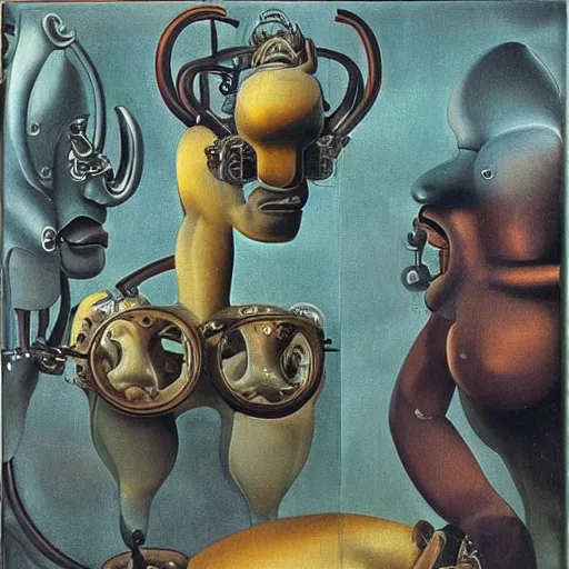 Image similar to Oil painting by Dali. Two mechanical gods with animal faces having a conversation. Oil painting by Hans Bellmer.