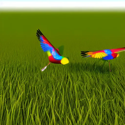 Prompt: chromatic crystal prism birds refracting light in a swirling summer meadow, raytraced render