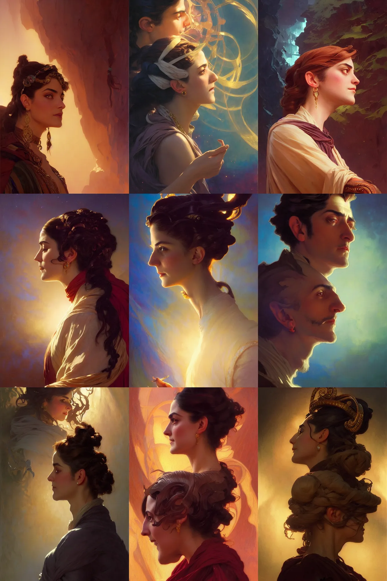 Prompt: side profile portrait of maya ali sorcerer, by sargent and leyendecker and greg hildebrandt highly detailed, stephen bliss, unreal engine, by greg rutkowski, loish, ferdinand knab, kuvshinov, rossdraws, tom bagshaw, alphonse mucha, global illumination, radiant light, abstract rippling background, gaudy colors