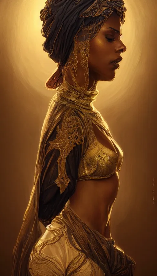 Image similar to dancer, arabian, black skin, veils, , sweaty, intricate fashion clothing, insane, intricate, highly detailed, digital painting, artstation, concept art, smooth, sharp focus, illustration, Unreal Engine 5, 8K, art by artgerm and greg rutkowski and alphonse mucha