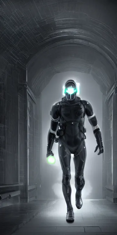 Prompt: full body cinematic shot of a male time traveling intelligence agent in a black and greyscale sealed continuity suit stepping through an arched time travel gateway with glowing keystone, masculine, simple and functional with gaiter-style gas mask, a mix between splinter cell and metal gear solid by alphonse mucha