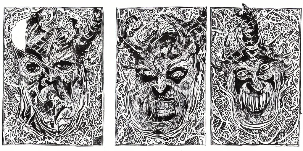 Prompt: scan of book with intricate geometrical and patterned ink drawings of tyrolean folklore masks, krampus, folklore, dance, dolomites, scary dark, dark ink, old paper