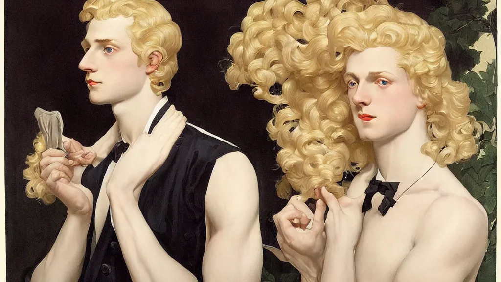 Image similar to Painting of lucius as an indolent consort, long blond drill curls, delicate androgynous prince, pale white porcelain skin, cool tones, by Leyendecker and Norman Rockwell