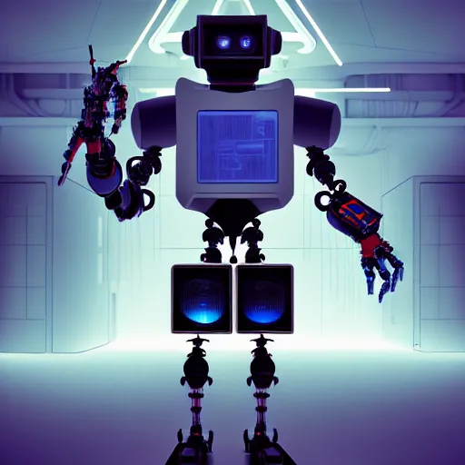 Image similar to colour brutal caravaggio style photography of highly detailed aesthetic robot wearing sci - fi system administrator uniform designed by ian mcque and working in detailed sci - fi data centre designed by josan gonzalez, many details, volumetric dramatic natural light in style of josan gonzalez and mike winkelmann and andgreg rutkowski and alphonse muchaand