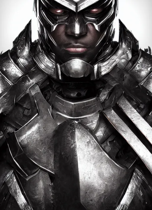 Prompt: An epic fantasy comic book style portrait painting of A black man wearing a silver samurai armor made of blades, Unreal 5, DAZ, hyperrealistic, octane render, cosplay, RPG portrait, dynamic lighting