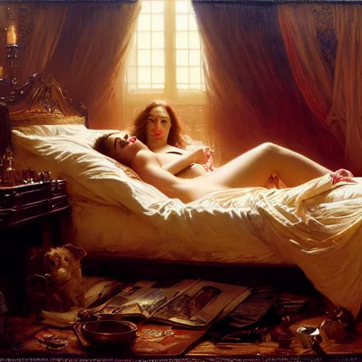 Image similar to vin diesel is in his bed, nervous and terrified, because kat dennings from hell is attacking him. highly detailed painting by gaston bussiere, j. c. leyendecker, greg rutkowski, craig mullins 8 k