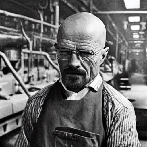 Image similar to vintage monochrome photograph of Walter White working in a munitions factory, highly intricate, highly detailed, 8k,