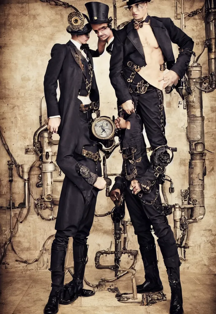 Image similar to two handsome men looking each other with steampunk suit photographed by bruce labruce