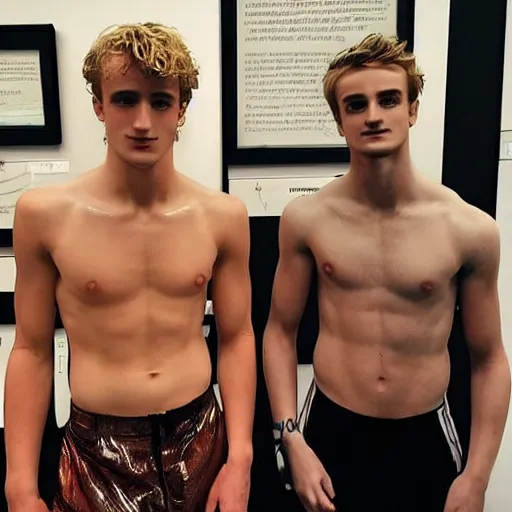 Image similar to “a realistic detailed photo of a guy who is an attractive humanoid who is half robot and half humanoid, who is a male android, British diver Jack Laugher & Chris Mears, shiny skin, posing like a statue, blank stare, at the museum, on display”