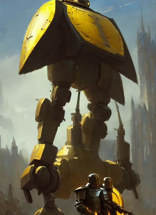 Prompt: tall strong yellow pit droid holding large paladin medieval shield!!! and a long medieval engraved powerful great sword, pancake short large head painterly humanoid mecha, beautiful fantasy background by Greg Rutkowski