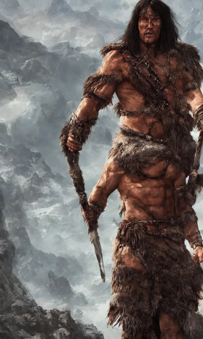 Image similar to hyper realistic digital painting of arnold swartzeneger as conan the barbarian by simon bisley and greg rutkowski, vivid color scheme, unreal engine 5