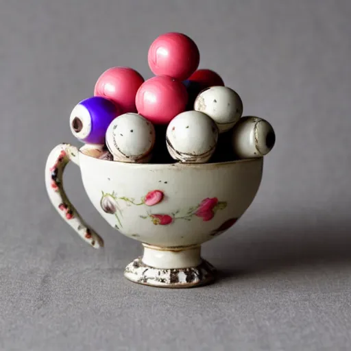 Prompt: baroque teacup filled with tiny little bowling pins