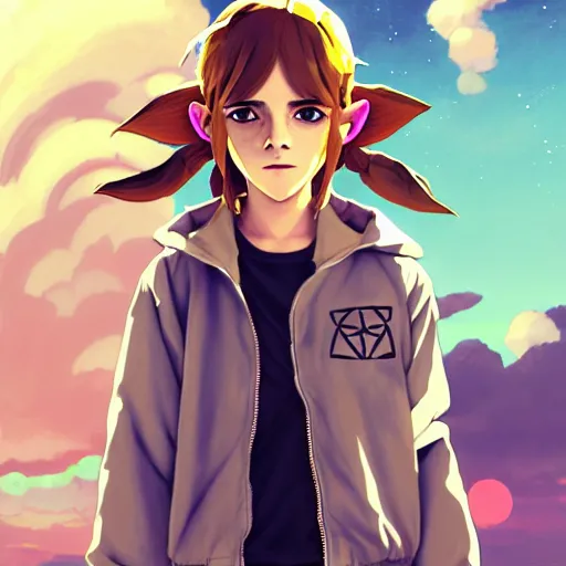 Image similar to beautiful boyish emma watson in majora's mask, wearing oversized mayan bomber jacket with overalls and leotard, bulky poofy bomber jacket with mayan patterns, aztec street fashion, gapmoe yandere grimdark, trending on pixiv fanbox, painted by greg rutkowski makoto shinkai takashi takeuchi studio ghibli, akihiko yoshida