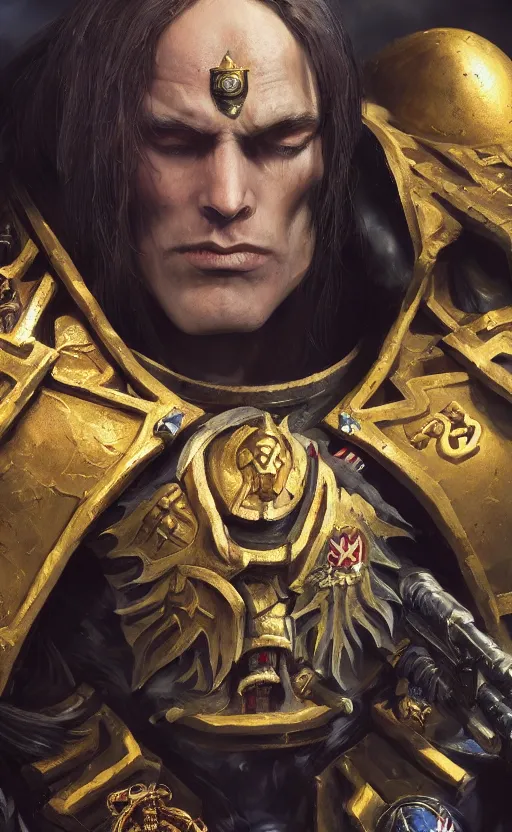 Image similar to warhammer 40k Emperor of Mankind, portrait, beautiful face, long hair, illustration, fine details, cinematic, highly detailed, octane render