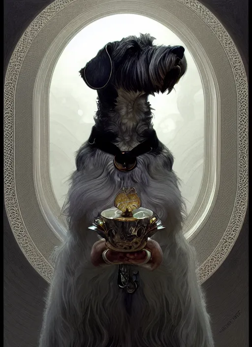 Image similar to portrait of stoic looking miniature schnauzer, black fir, white eyebrows, fantasy, intricate, elegant, highly detailed, centered, dark, smoke, digital painting, artstation, concept art, smooth, sharp focus, illustration, art by artgerm and greg rutkowski and alphonse mucha