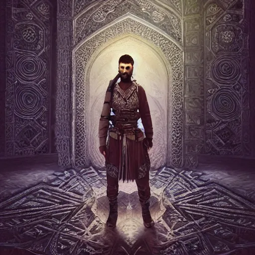 Image similar to “ full body, afghan warrior, an afghan male type, standing in - front of god ’ s house, highly intricate detailed, light and shadow effects, intricate, highly detailed, digital painting, art station, concept art, smooth, sharp focus, illustration, advanced digital art, atmospheric lighting, detailed face, 8 k, hq ”