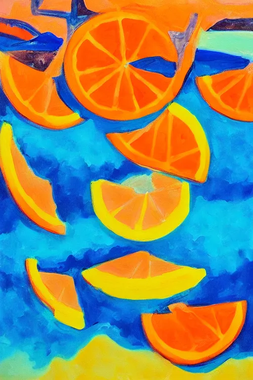 Prompt: a Acrylic painting of summer ,water,wave , orange and orange slices,blue theme and Yellow accents,Colour composition