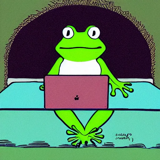 Image similar to peepo the frog!!!, lying on his bed with a laptop, crying!!!, sad lo-fi vibes, dramatic,