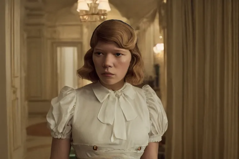 Prompt: close-up of  Léa Seydoux as a maid in the new movie directed by Wes Anderson, movie still frame, promotional image, symmetrical shot, idiosyncratic, relentlessly detailed, limited colour palette