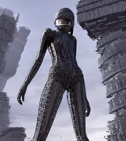 Image similar to tarkovsky greatest scene, the ancient destroyed majestic tower of babylon, woman in futuristic cyber clothing, transparent puffer jacket, hyper realistic, virtual background, cyber world, ambient lighting, concept art, intricate, hyper detailed, smooth, dynamic volumetric lighting, octane, ray trace, cinematic, high quality, high resolution, 4 k, cgsociety