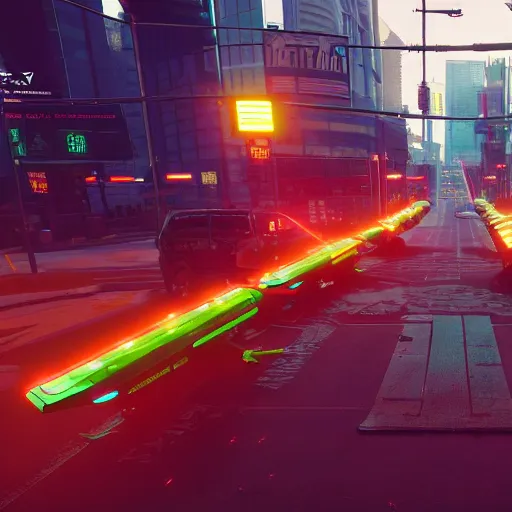 Image similar to Cyberpunk 2077 city crosswalk with traffic light, concept art, unreal engine, 4k render, global illumination, blender, cycles