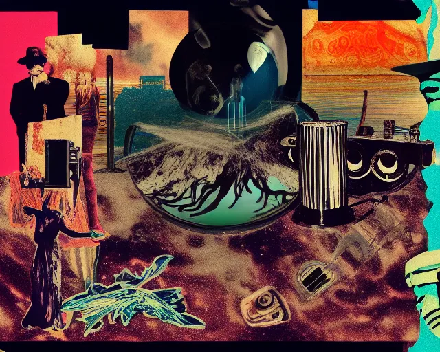 Prompt: cut out collage, film noir, break of dawn on Jupiter, punk party, classic greek mythology, aquatical plants, steam punk grafitti, painted part by moebius, part by Ilya Kuvshino , composition by William S. Burroughs, VHS quality, digital glitches