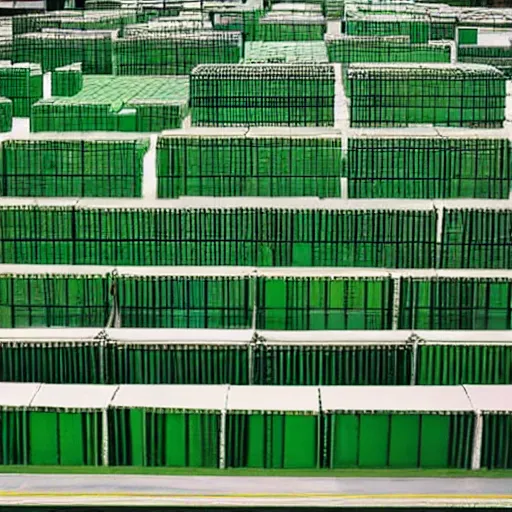 Prompt: a picture of a warehouse full of boxes with green square outlines over each one