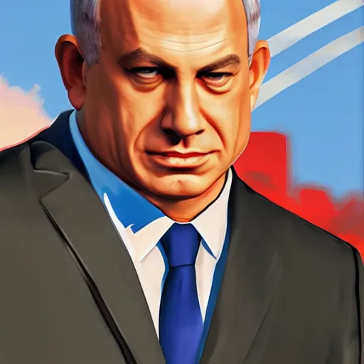 Image similar to benjamin netanyahu in gta v, cover art by stephen bliss, artstation, no text