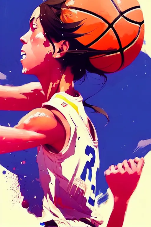 Image similar to a ultradetailed beautiful panting of a woman playing basketball, by conrad roset, greg rutkowski and makoto shinkai, trending on artstation