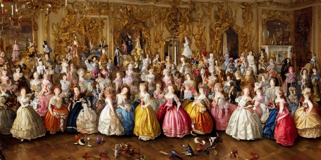 Image similar to Women in baroque dresses, standing in the middle of the room full of toys