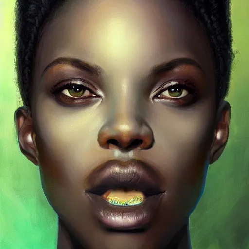 Image similar to a detailed matte oil on canvas head on symmetrical portrait of black skinned woman with long white and ( ( ( pale greenish ) ) ) hair, clothed by charlie bowater, lise deharme, wlop, trending on artstationhd, dungeons and dragons art critical role